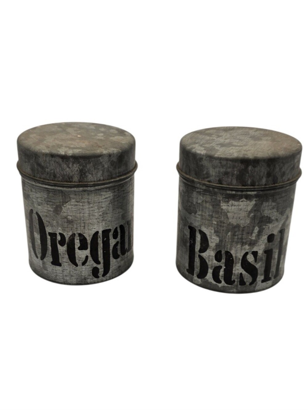 Vandor Imports Grey Galvanized Metal Spice Jar Set of 2 w/ Lids-Oregano & Basil